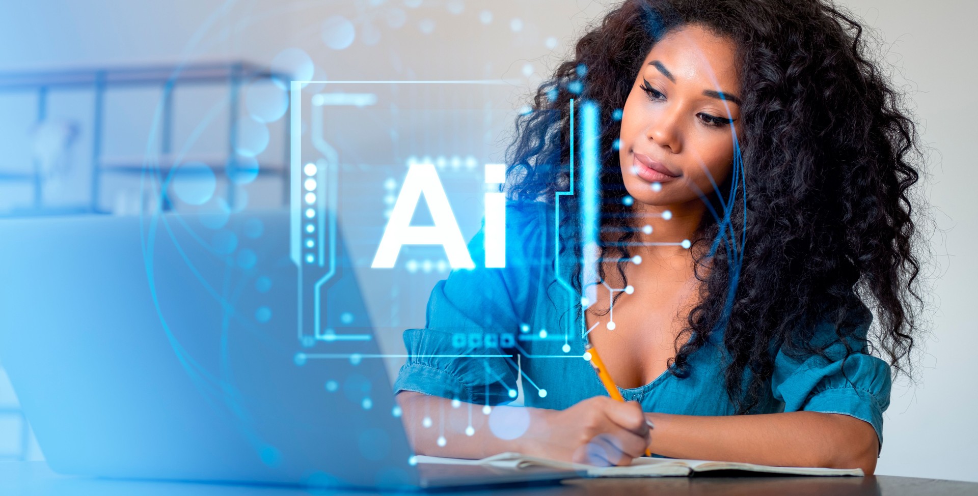 Woman writing in notebook near laptop, holographic AI circuit el